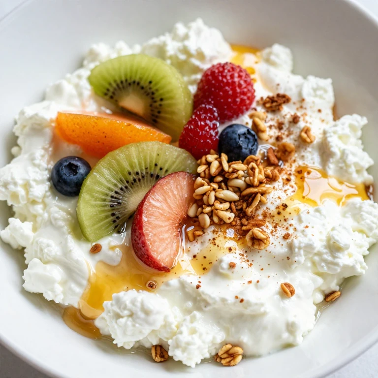 Cottage cheese bowl with fresh fruit and honey drizzle