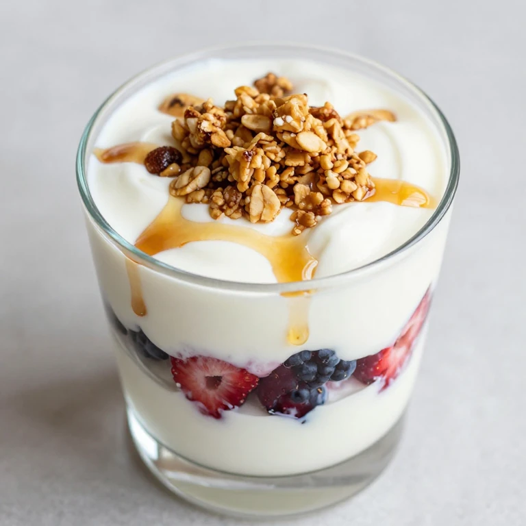Layered yogurt parfait with berries and granola in clear glass