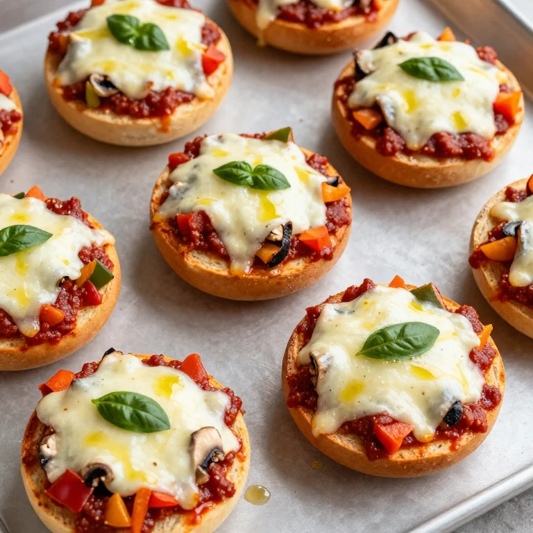 Mini bagel pizzas with melted cheese and vegetables