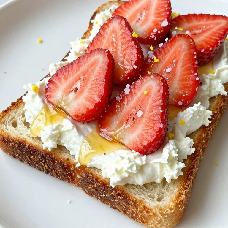 Ricotta toast with fresh strawberries and honey drizzle