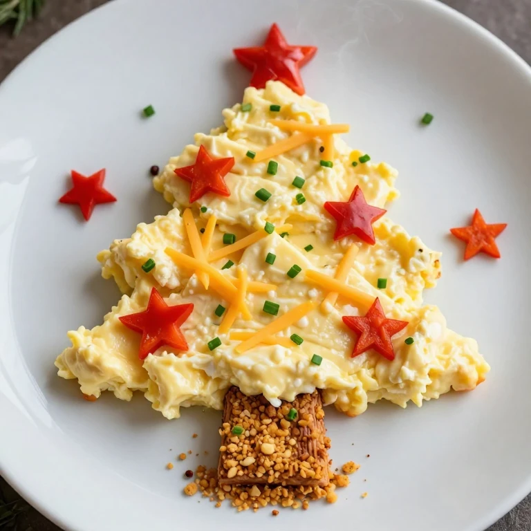 Christmas tree scrambled eggs with cheddar, chives, and red pepper stars