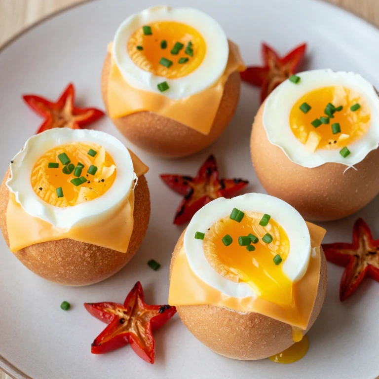 Soft-boiled eggs in cheddar bread cups with red pepper stars