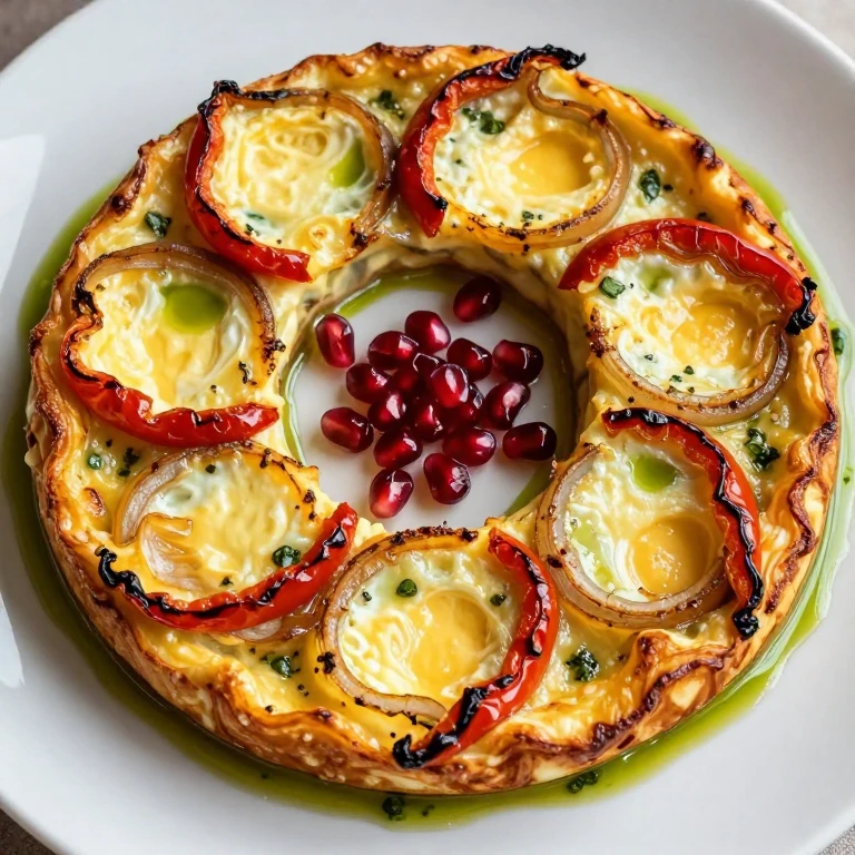 Wreath-shaped frittata rings with herb oil and pomegranate seeds