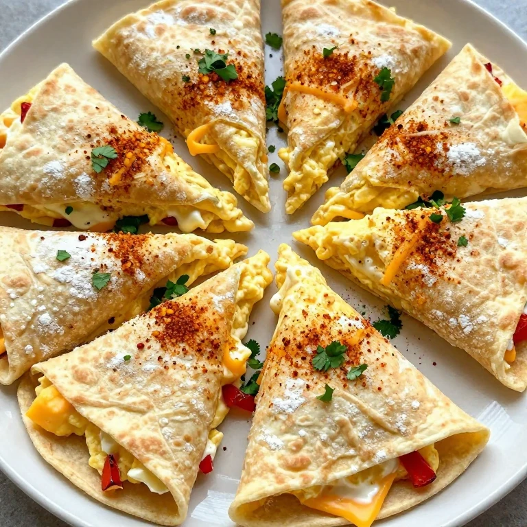 Candy-cane tortilla egg folds with roasted peppers and cheddar
