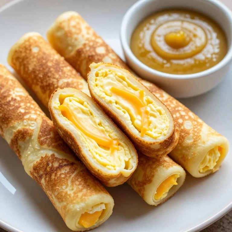 Pancake-wrapped egg sticks with maple mustard dipping sauce
