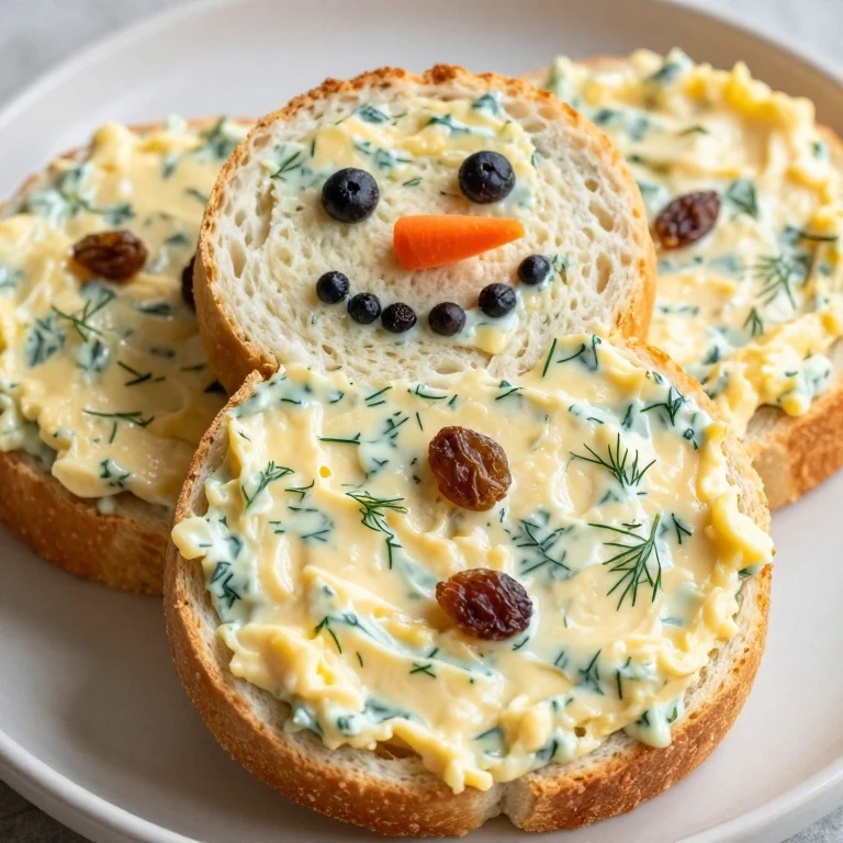 Snowman egg salad sandwiches with herb mayo and carrot nose