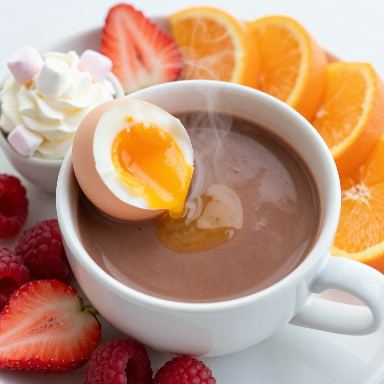 Hot cocoa with soft-boiled egg dipper and fresh fruit garnish