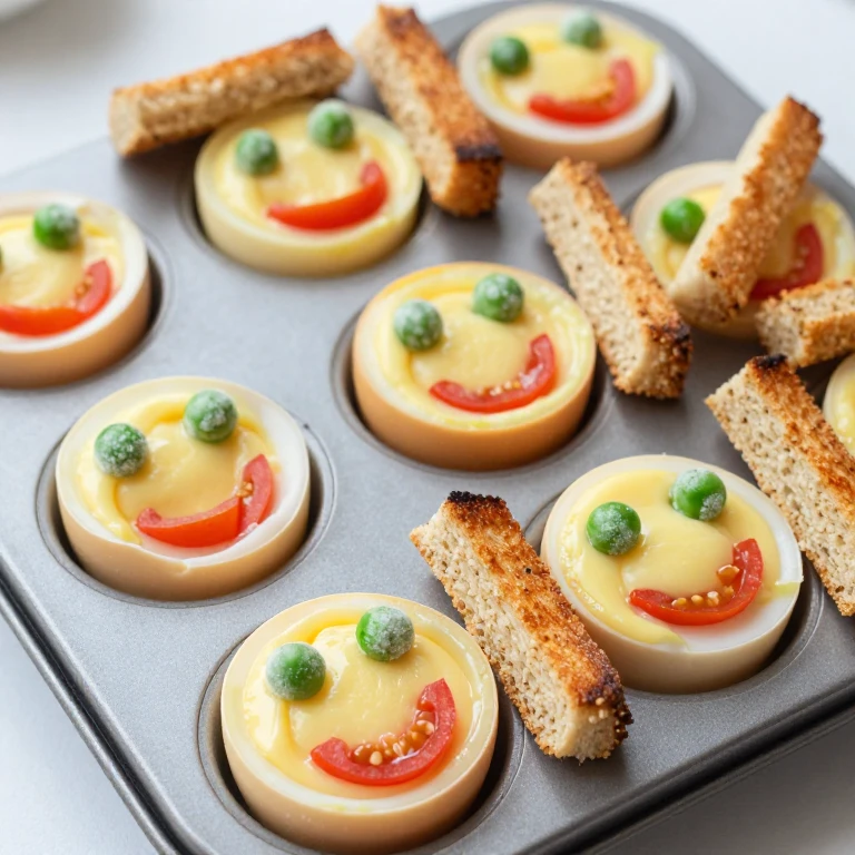 Golden baked egg cups with smiley faces made from peas and tomatoes
