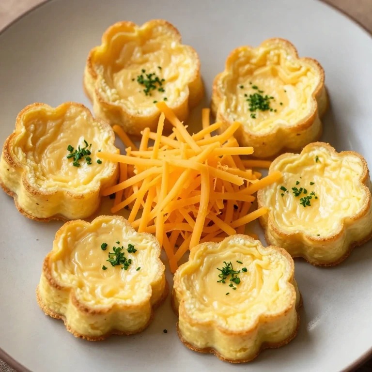 Golden omelette petals arranged as flower with cheese center and herbs