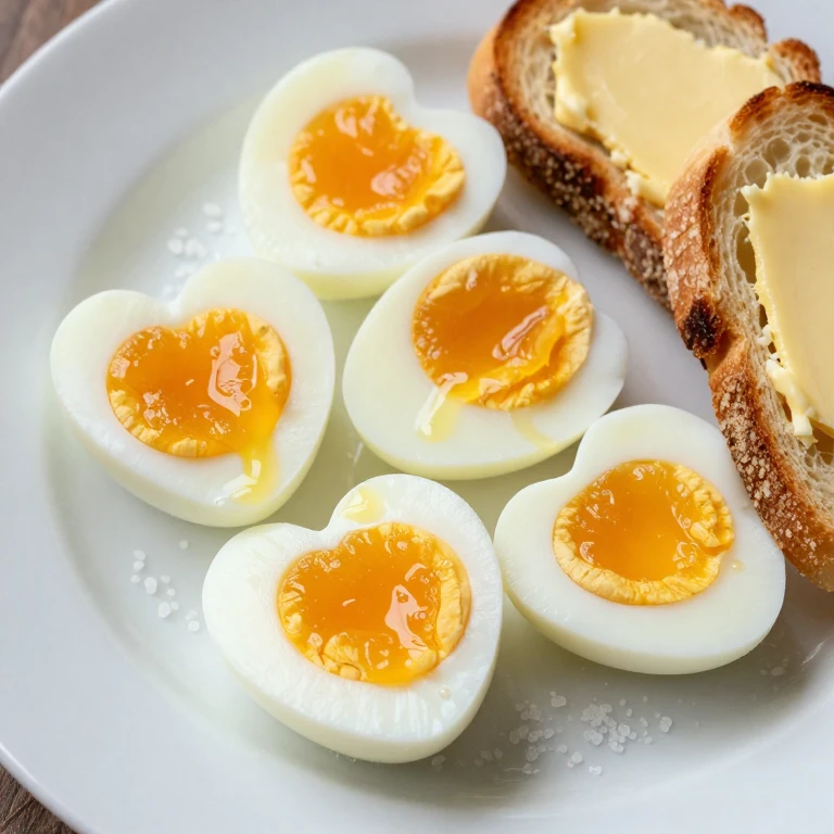 Heart-shaped boiled eggs with jammy centers and buttered toast strips