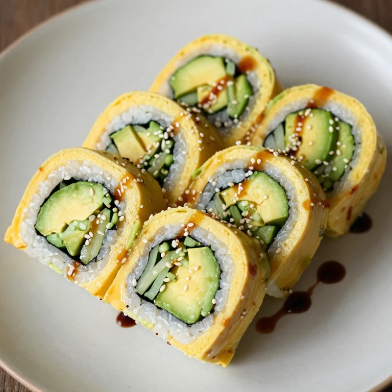 Sliced egg and avocado rolls with sesame seeds and soy sauce drizzle