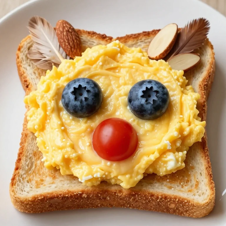 Toast topped with scrambled eggs, blueberry eyes, tomato beak, almond feathers