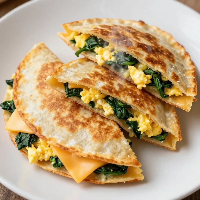 Golden-brown cheese and spinach egg quesadilla triangles with melted cheddar