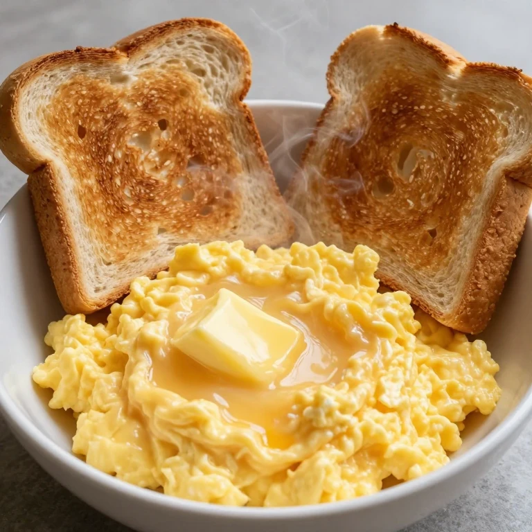 Creamy soft-scrambled eggs in bowl with golden toast soldier strips