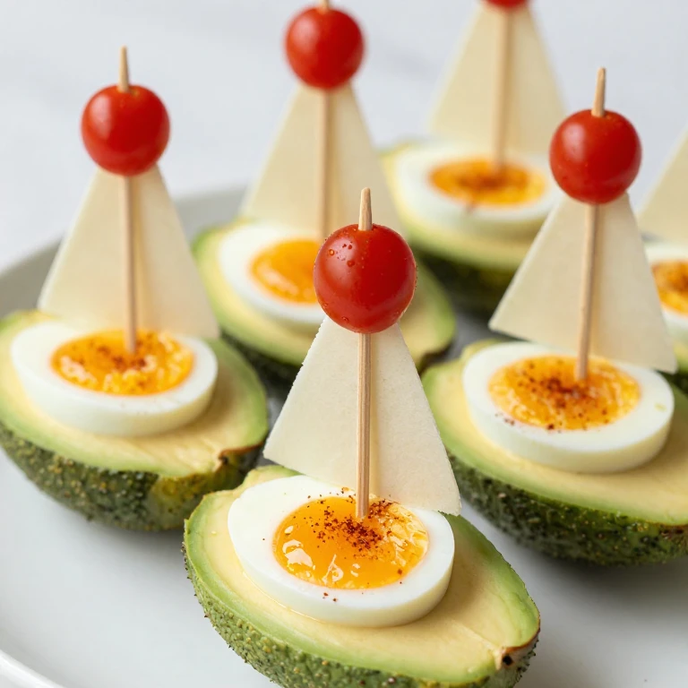 Avocado boats with baked eggs and cherry tomato sail toothpicks