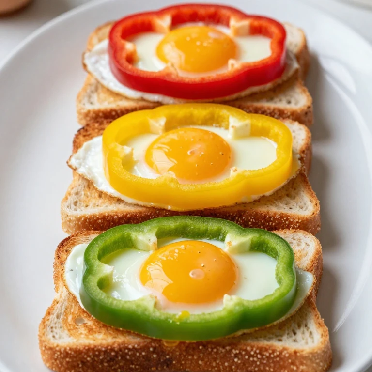 Three toast slices stacked with red, yellow, green peppers and fried eggs