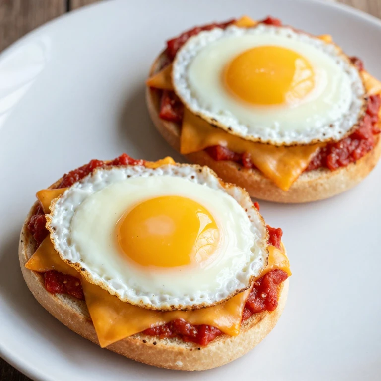 English muffin pizza with melted mozzarella and sunny-side up fried egg