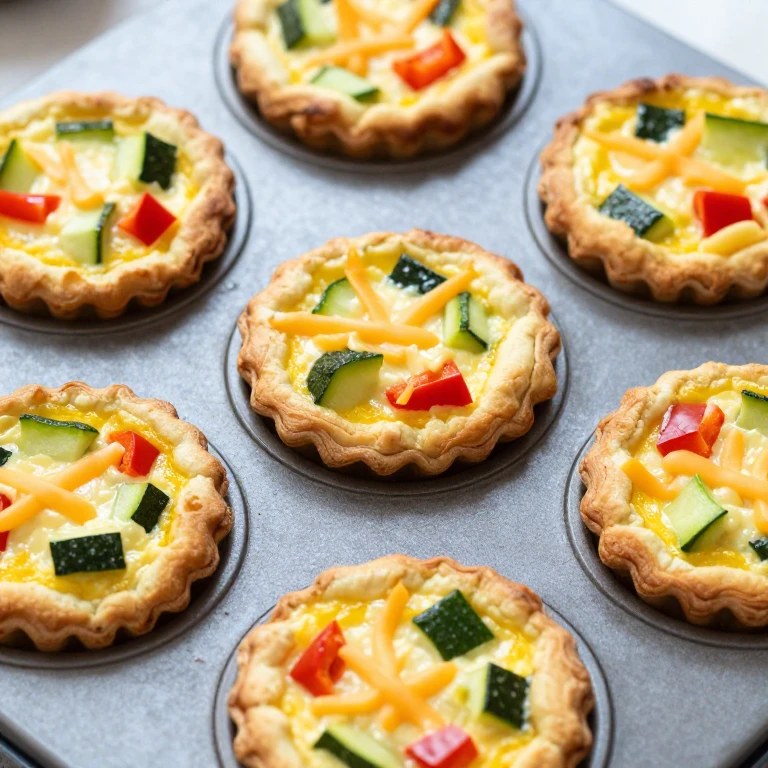 Six colorful veggie egg muffins with bell pepper, zucchini, and cheese