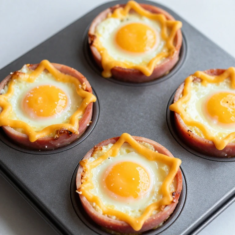 Four baked ham and egg cups with melted cheddar cheese topping