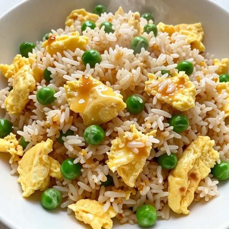 Fried rice with scrambled eggs and bright green peas, glossy finish