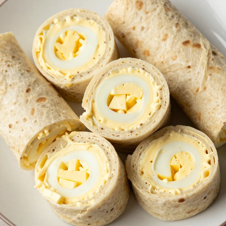 Sliced egg salad pinwheels showing creamy filling in spiral pattern