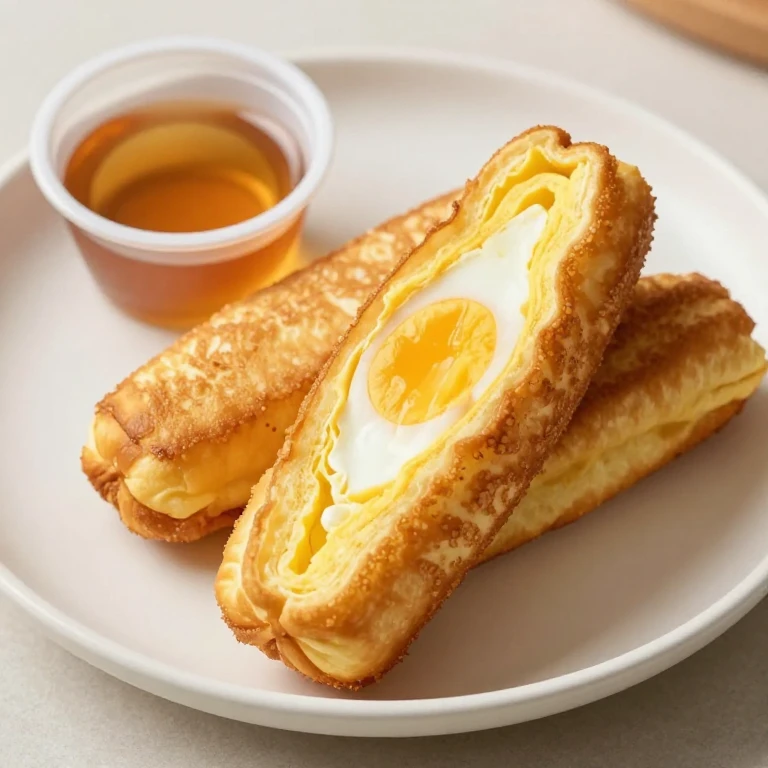 Golden pancake wrapped around cooked egg strip with maple syrup