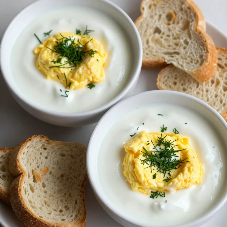 Creamy yogurt bowls topped with soft scrambled eggs and fresh herbs