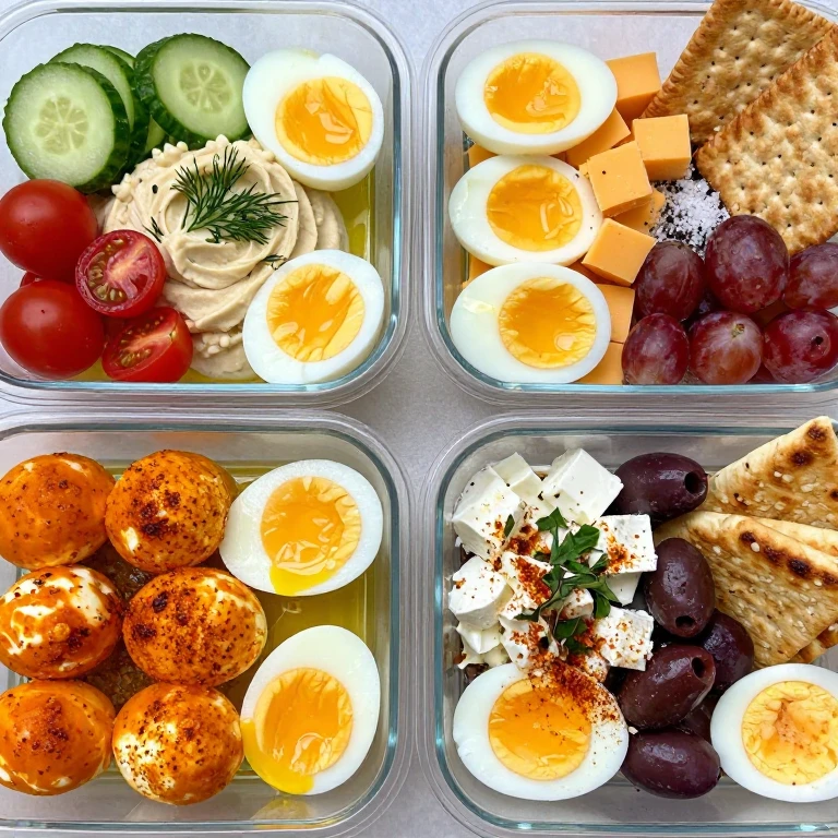 Three meal prep boxes with jammy, hard-boiled, and paprika eggs with fresh vegetables and accompaniments