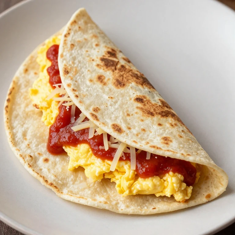 Folded flour tortilla filled with scrambled eggs, salsa, and cheese
