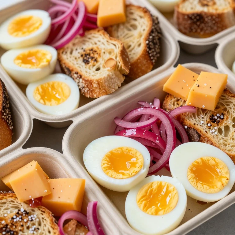 Soft-boiled eggs with jammy yolks, toast soldiers, cheddar, and pickled onions