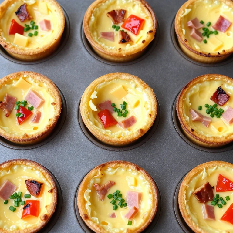 Golden baked omelette cups with cheese, ham, and peppers in muffin tin