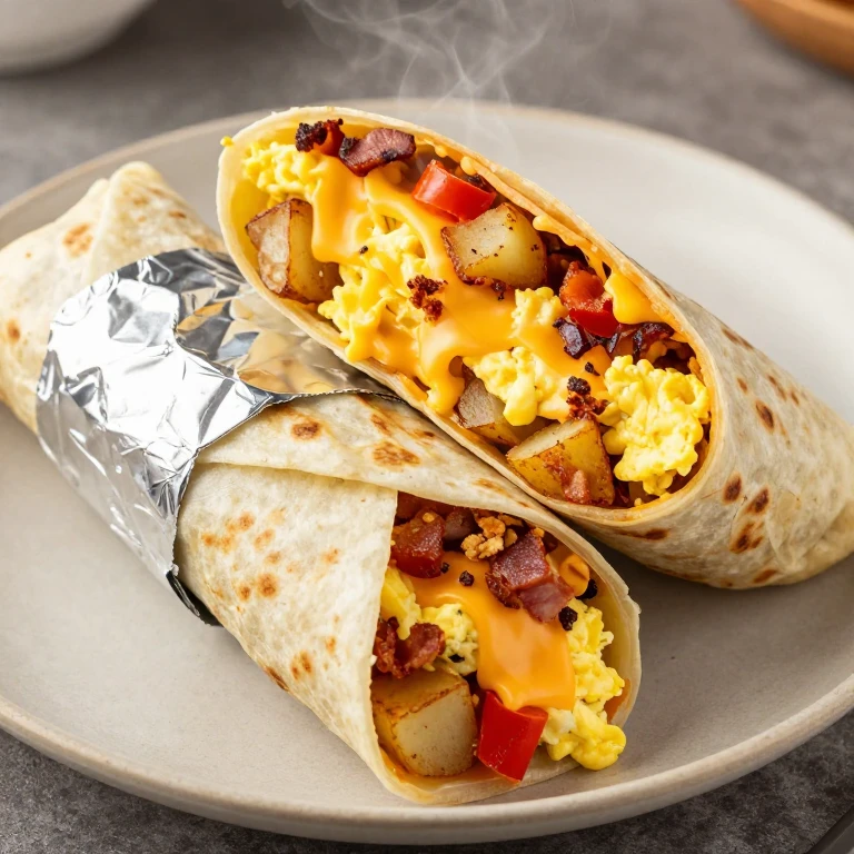 Breakfast burrito filled with scrambled eggs, bacon, roasted potatoes, and cheese