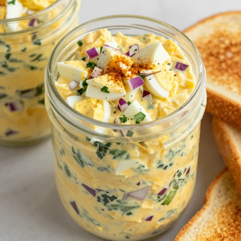 Creamy curried egg salad in mason jars with cilantro and red onion