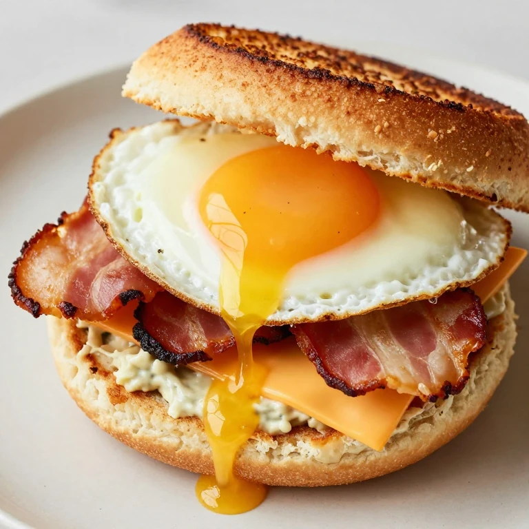 Toasted English muffin sandwich with fried egg, bacon, cheddar, and aioli