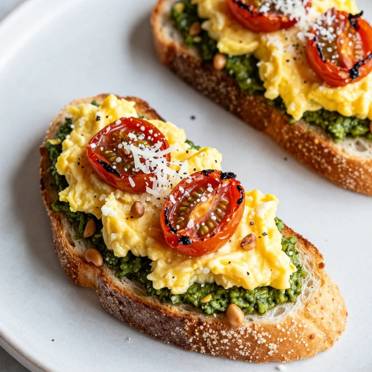 Toasted bread with soft scrambled eggs, basil pesto, and roasted cherry tomatoes