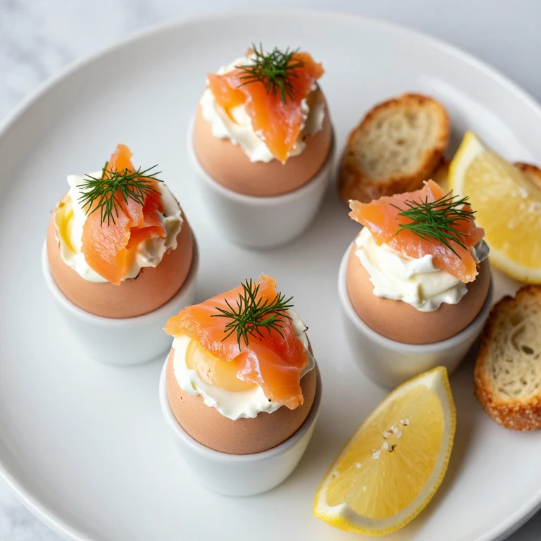 Soft-boiled eggs in cups topped with smoked salmon, crème fraîche, and dill