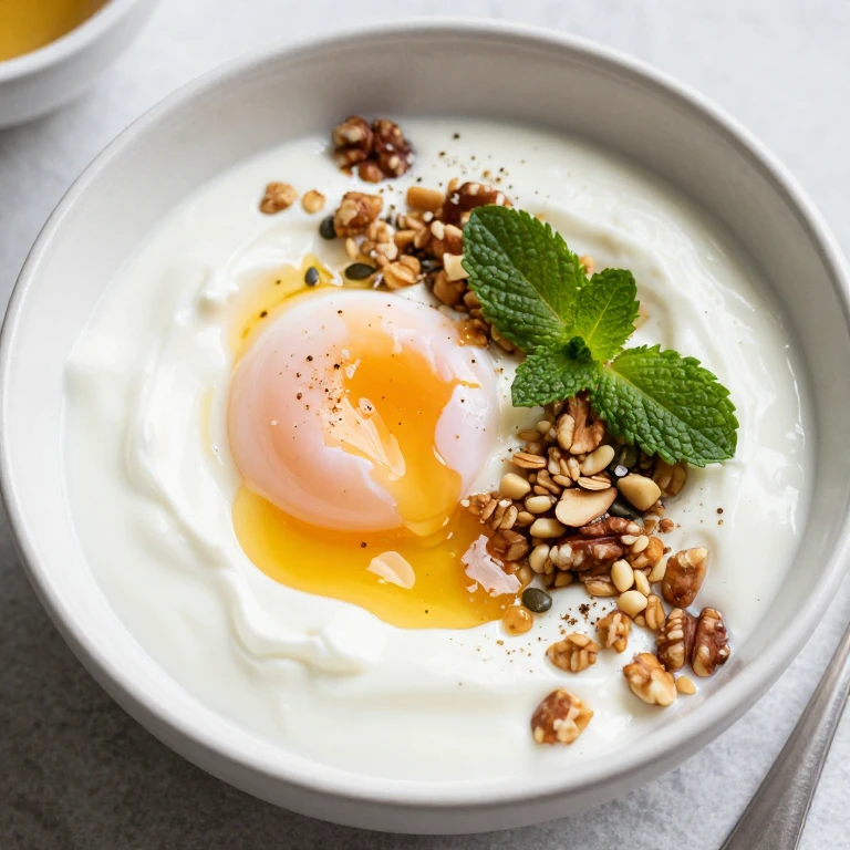 Soft-boiled egg on Greek yogurt with granola, nuts, and honey drizzle