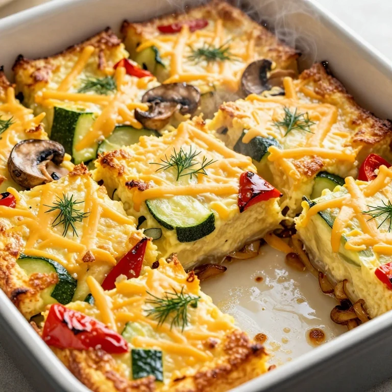 Golden baked egg squares with roasted vegetables and melted cheese in baking dish