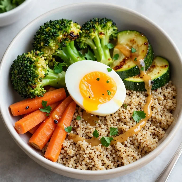 Quinoa bowl with roasted vegetables, soft-boiled egg, and fresh herbs