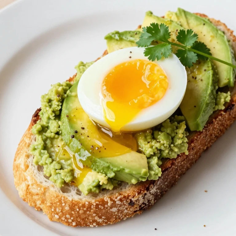 Golden toast topped with creamy avocado and jammy egg with runny yolk