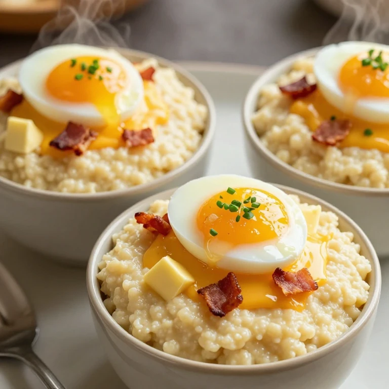 Creamy cheese grits topped with soft-boiled egg and crispy bacon