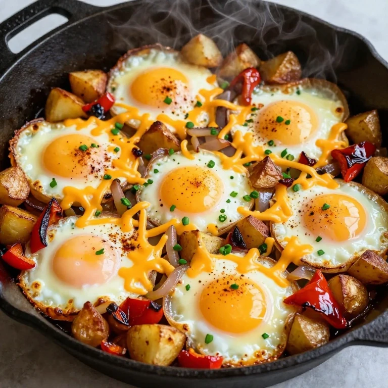 Skillet with roasted potatoes, caramelized vegetables, baked eggs, and melted cheese
