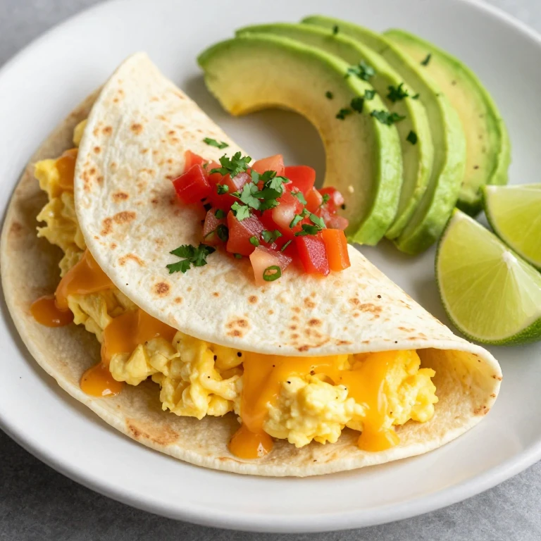 Folded tortilla with scrambled eggs, cheese, salsa, avocado, and cilantro