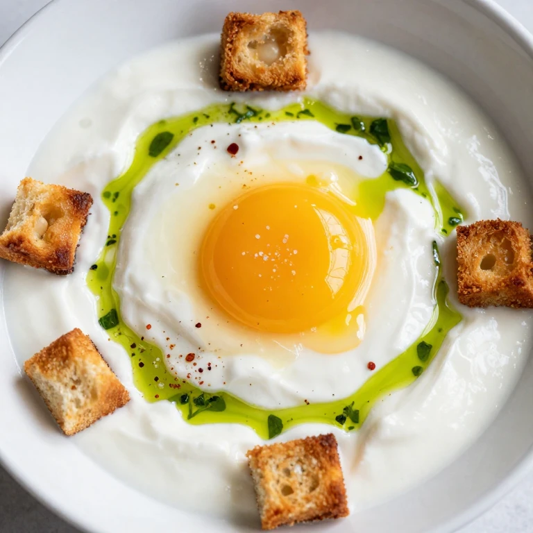 Creamy yogurt bowl with jammy egg, crispy croutons, and herb oil drizzle