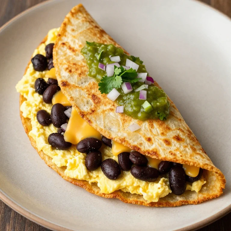 Golden tortilla fold filled with scrambled eggs, black beans, cheese, and salsa