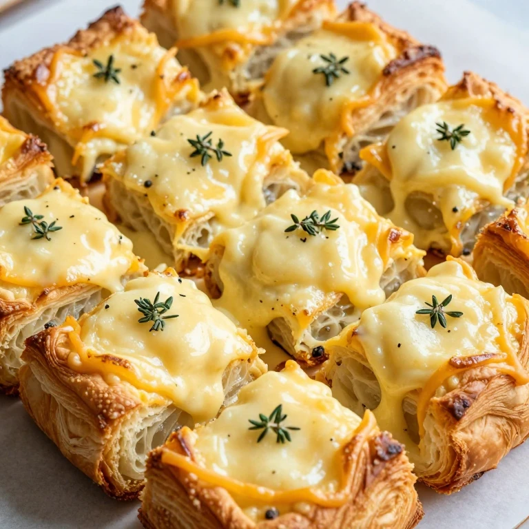 Golden baked croissant egg casserole squares with melted cheddar and thyme