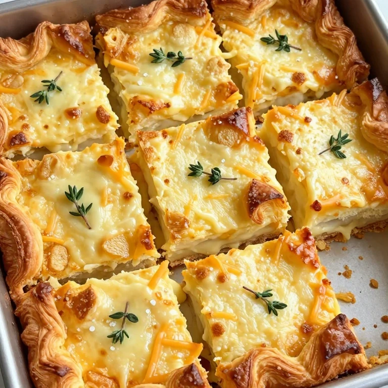 Golden baked croissant casserole squares with melted cheese and custard
