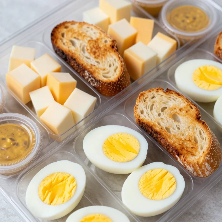 Hard-boiled egg halves, toast soldiers, cheese cubes, and mustard in snack box