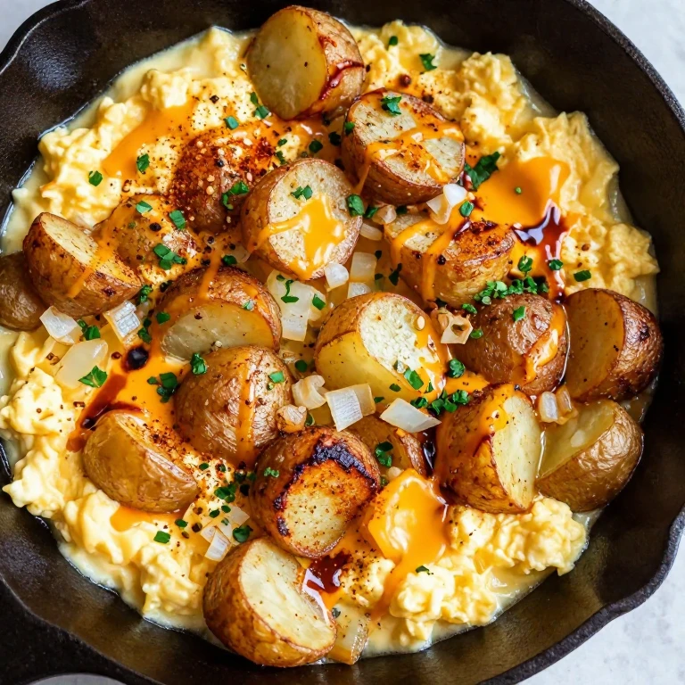 Smoky scrambled eggs with crispy potatoes and melted cheddar in cast iron