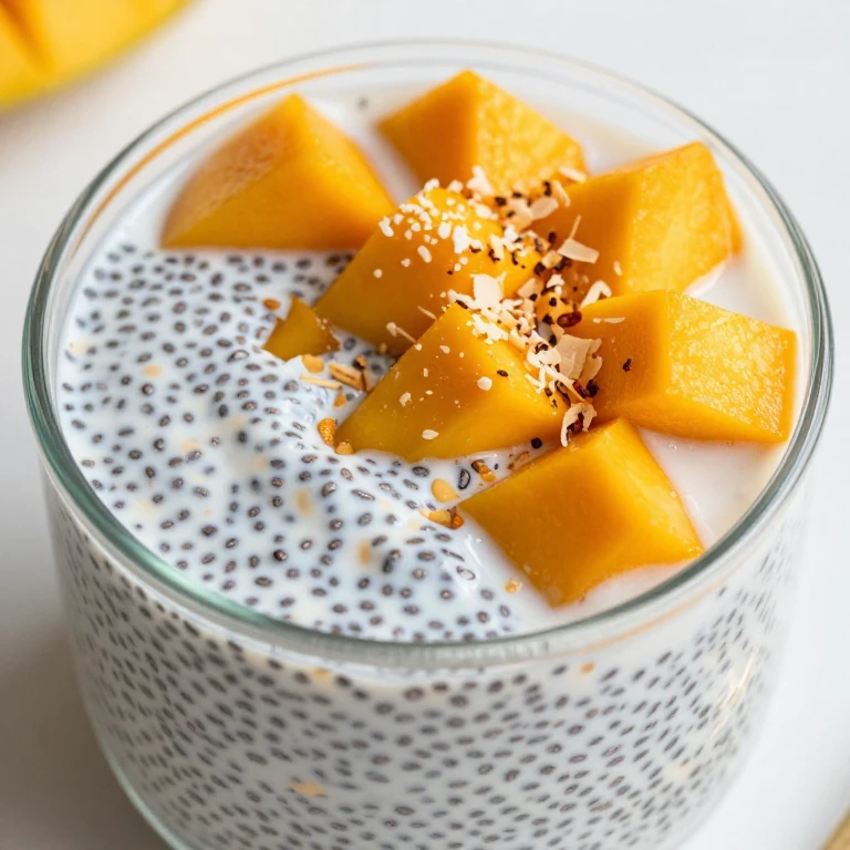 chia pudding topped with fresh mango and toasted coconut flakes